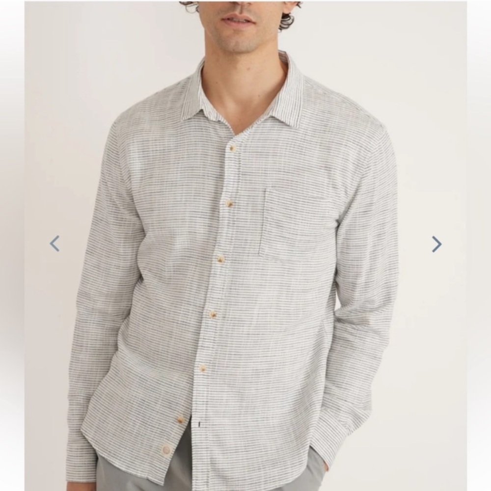 Marine Layer Long Sleeve Classic Stretch Selvage Shirt in Natural Stripe Medium